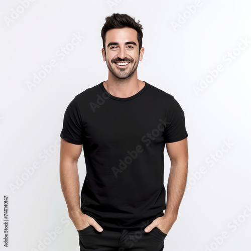 Smiling men wearing black T-Shirt Mockup on black studio background