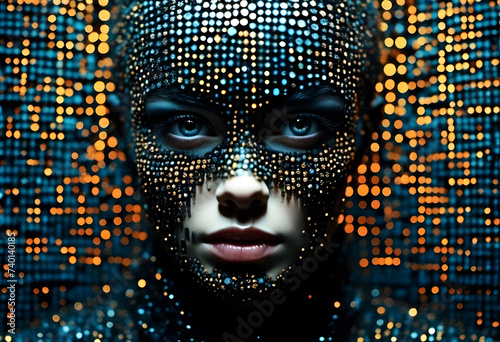 Woman with face adorned with sparkling rhinestones against a dark, bokeh background.