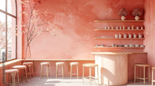 Interior of modern cafe with pink walls, concrete floor, round wooden tables and bar chairs.