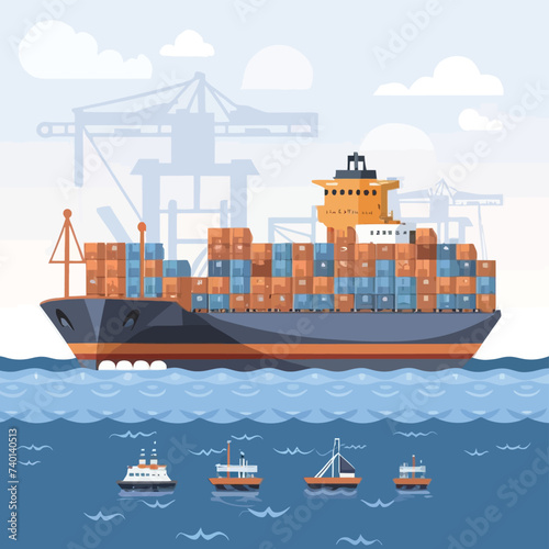 2d vector illustration colorful Land and sea transport techniques, methods and technological tools for transporting and shipping goods and products and logistic 
