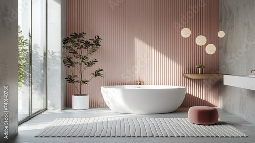 Interior of modern bathroom with pink walls  concrete floor  white bathtub standing near window and plant.
