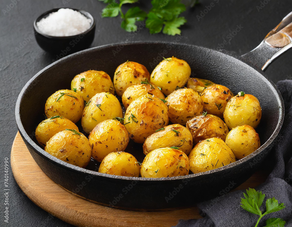 Roasted baby potatoes in frying pan on black background Roasted baby potatoes in frying pan on black background