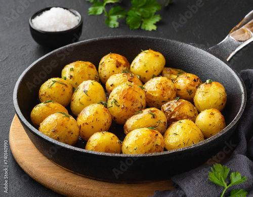 Roasted baby potatoes in frying pan on black background