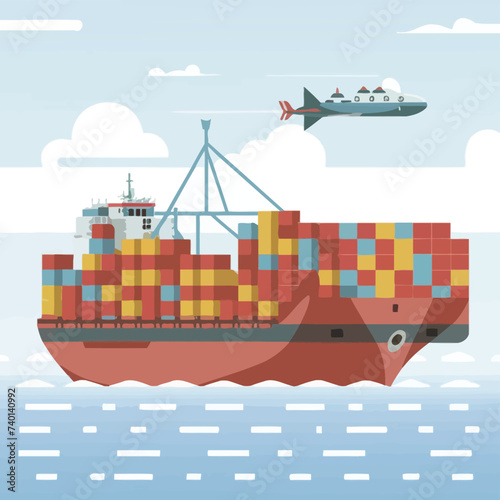 2d vector illustration colorful Land and sea transport techniques, methods and technological tools for transporting and shipping goods and products and logistic 

