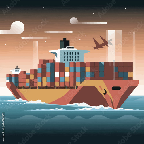 2d vector illustration colorful Land and sea transport techniques, methods and technological tools for transporting and shipping goods and products and logistic 

