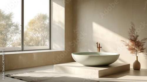 Interior of modern bathroom with bathtub  panoramic window.