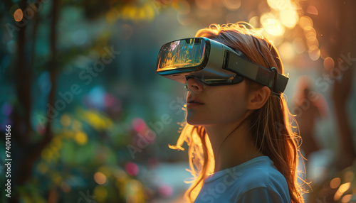 Woman with virtual reality glasses, girl wearing VR goggles in the park in futuristic city, New modern technologies of integrated reality. Cyberspace and metaverse, augmented experience photo