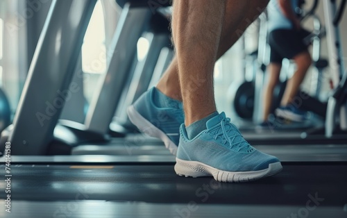 The image zooms in on a person's feet in blue sneakers on a treadmill, highlighting the importance of proper footwear in fitness. It reflects dedication and the journey of health. © Artsaba Family