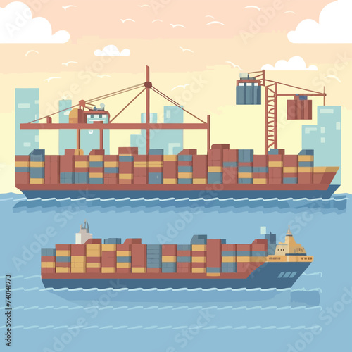2d vector illustration colorful Land and sea transport techniques, methods and technological tools for transporting and shipping goods and products and logistic 

