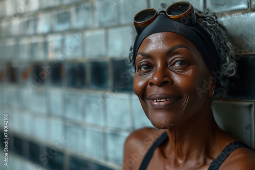 professional portrait of a smiling elderly black woman in a black speedo swimming costume and swimming hat and goggles on her forehead, tiled white wall behind her photo
