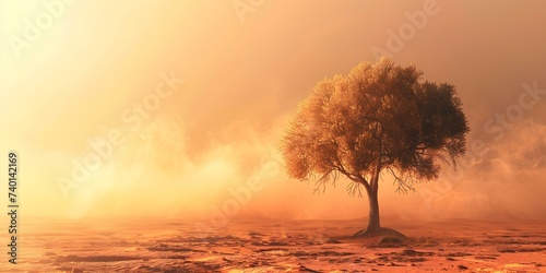 Lone tree in vast desert landscape during sandstorm in Sahara desert. Concept Nature Photography, Desert Landscape, Sandstorm, Sahara Desert, Lonely Tree
