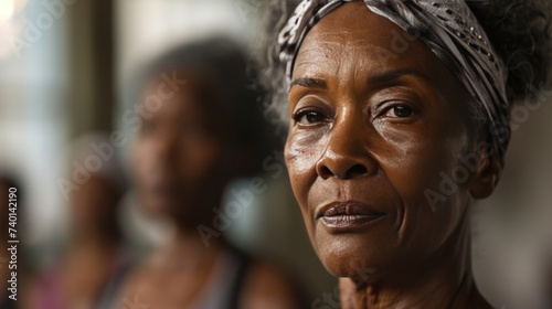 professional photo of an elderly black woman at a gym pilates class, headband, white surroundings