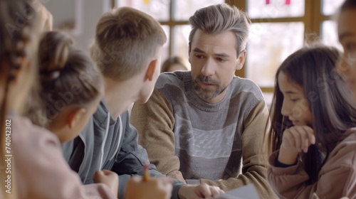 A teacher engages with a group of attentive students in a classroom setting.