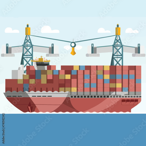 2d vector illustration colorful Land and sea transport techniques, methods and technological tools for transporting and shipping goods and products and logistic 

