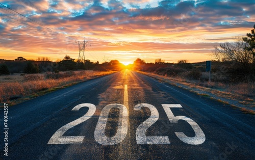 The number '2025' emblazoned on the road captures a sunset journey into the future. Vibrant hues fill the sky as the day's last light reflects on the path ahead, symbolizing hope and progression.