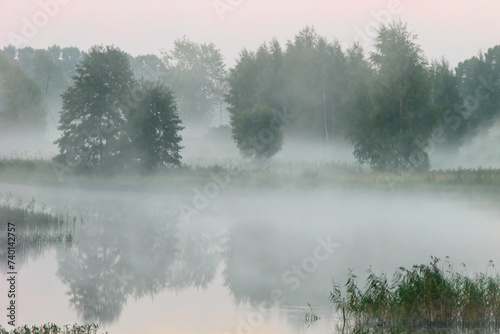 Foggy morning on forest lake. Early morning on lake in forest