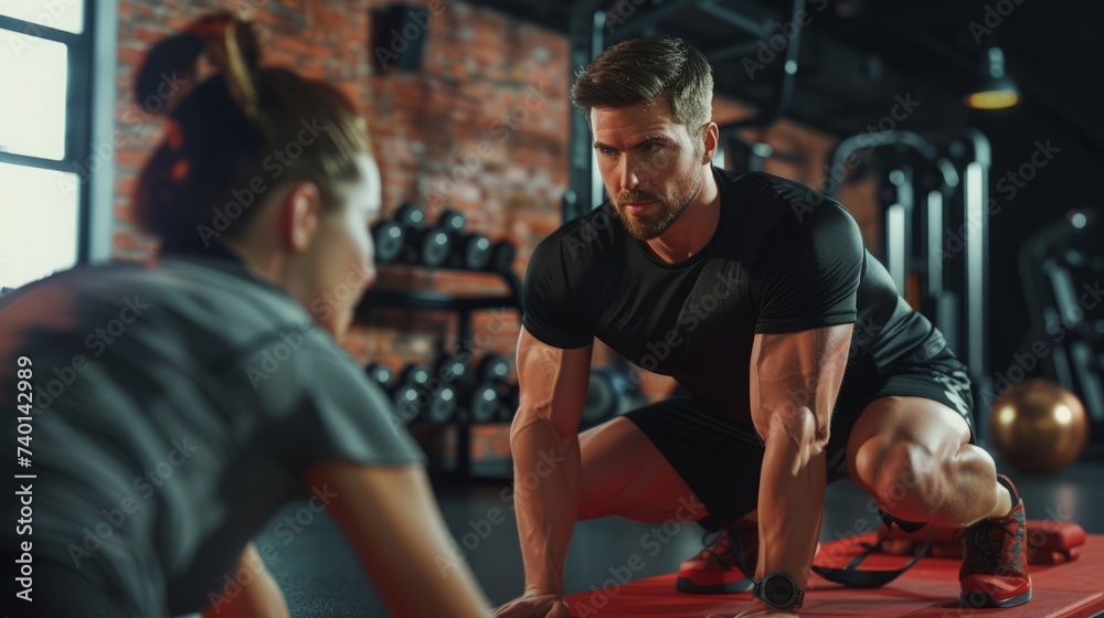 A fitness trainer and a client engage in an intense workout session in a gym, focusing on strength training exercises on red mats.
A fitness trainer and a client engage in an intense workout session in a gym, focusing on strength training exercises on red mats.
