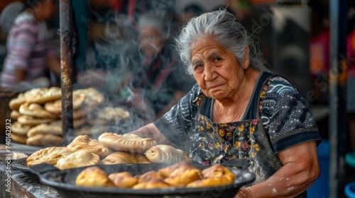 Beautiful grandmother selling tortillas in a day market in Latin America in high resolution and quality. market sales concept