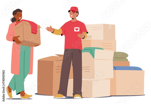 Woman Carries Box, Brimming With Gently Used Clothes, Destined For Donation To Those In Need, Vector Illustration