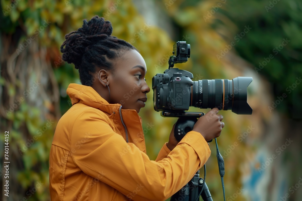 An African American woman is holding a camera and capturing a photo.