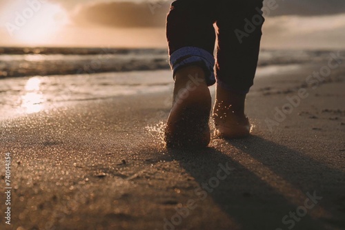 gros plan de pieds d'enfant marchant sur le sable d'une plage, concept d'évasion, liberté, vacances