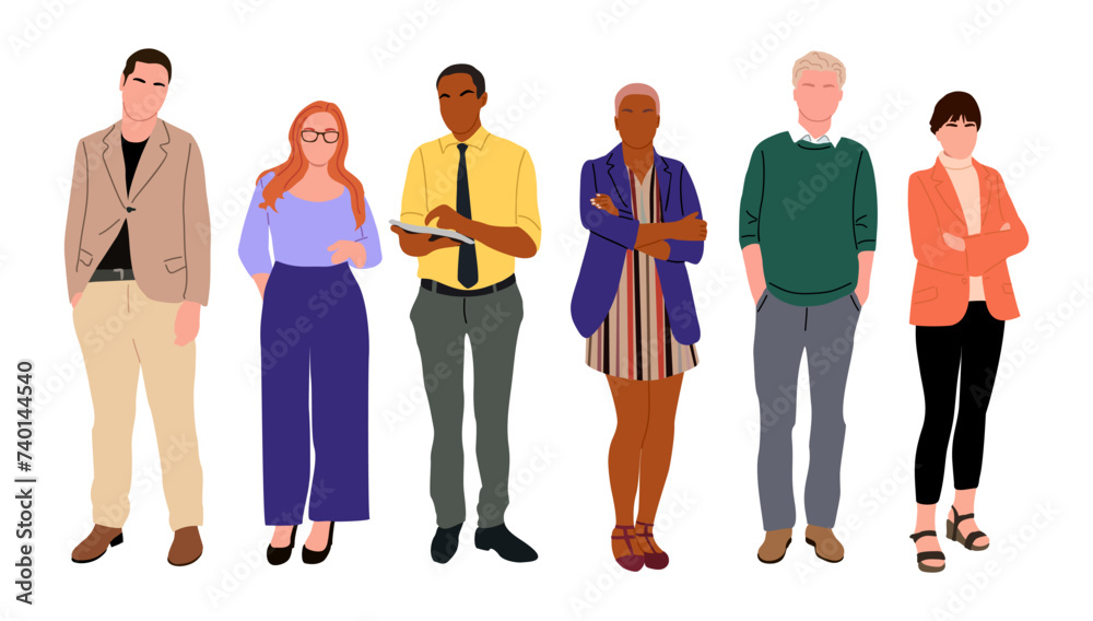 Business people standing. Vector illustration of diverse cartoon men and women of various ethnicities, age and body type in office outfits. Big Set of different business characters. Isolated on white.