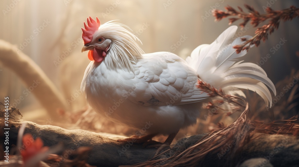 Fototapeta premium a solitary hen with feathers that seem to absorb and reflect all light