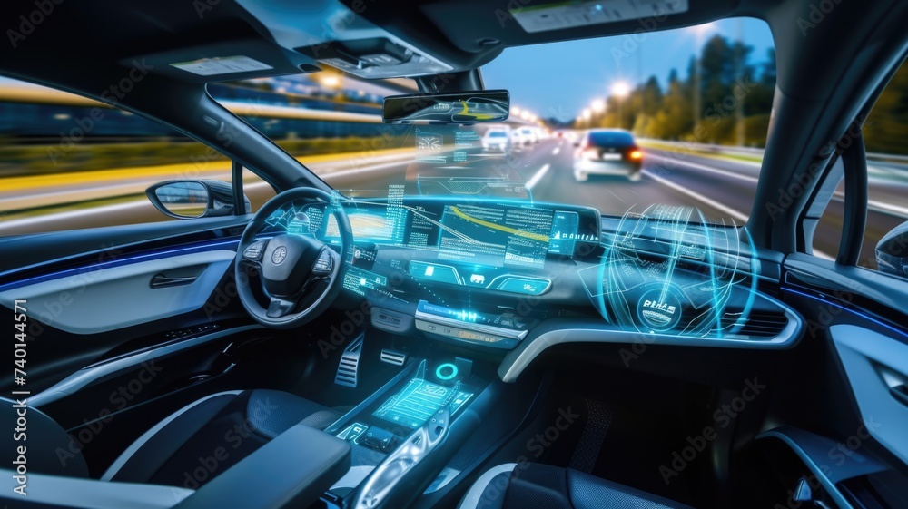 Fototapeta premium Driver's view inside autonomous vehicle with high-tech control dashboard, holographic controls and panoramic views of a scenic highway