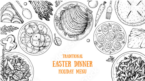 Easter food hand drawn sketch. Vector illustration. Festive table with Easter food. Engraved illustration. Menu set.