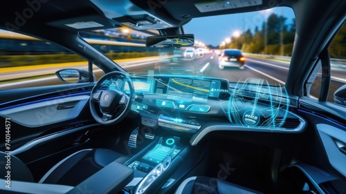 Driver's view inside autonomous vehicle with high-tech control dashboard, holographic controls and panoramic views of a scenic highway
