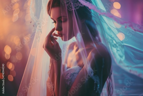 a bride fixing her veil in a wedding dress, A close-up of a bride in a lace-embellished veil, showing the fine details of her wedding gown and the delicate fabric against her face.