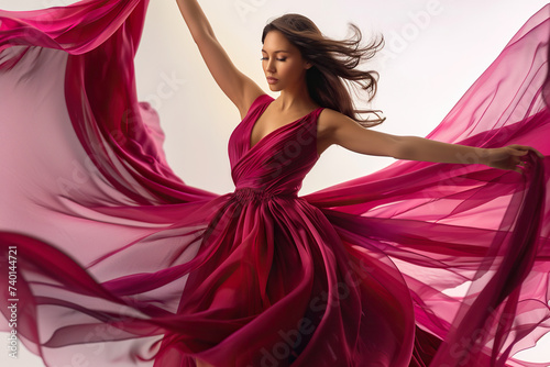 Beautiful Caucasian woman in Burgundy waving dress with flying fabric on studio background.