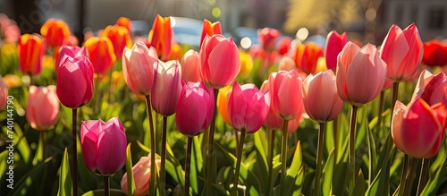 A field of pink and orange tulips under the bright sun  showcasing the colors and beauty of spring in a lively garden.