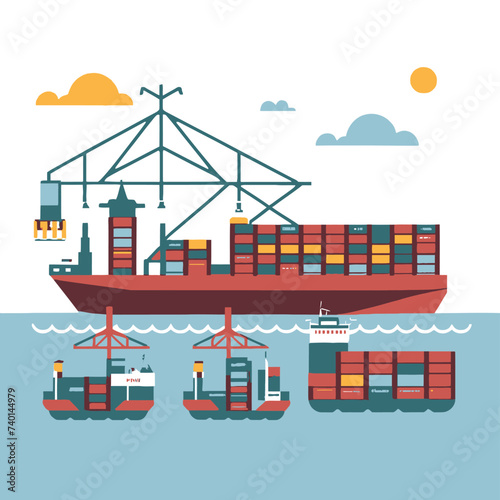 2d vector illustration colorful Land and sea transport techniques, methods and technological tools for transporting and shipping goods and products and logistic 

