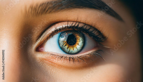 An extreme closeup of a persons eyes, with a faint reflection of a social media profile page visible in the iris, symbolizing the influence of social media on selfimage and selfesteem photo