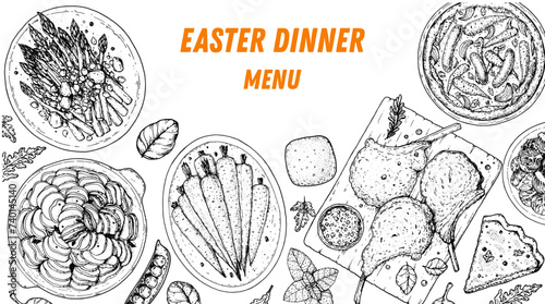 Easter food hand drawn sketch. Vector illustration. Festive table with Easter food. Engraved illustration. Menu set.