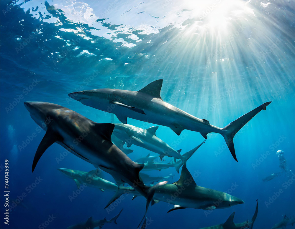 Obraz premium Group of Pelagic silky sharks (Carcharhinus falciformis) swim in formation beneath the surface of the ocean. Jardines de la Reina, Gardens of the Queen National Park, Cuba. Caribbean Sea