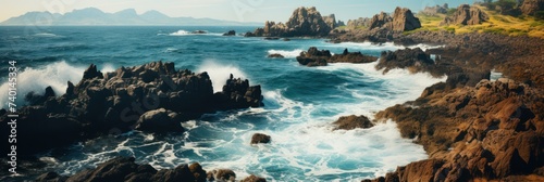 A rocky coastline featuring crashing waves, capturing the dynamic and powerful nature of the sea