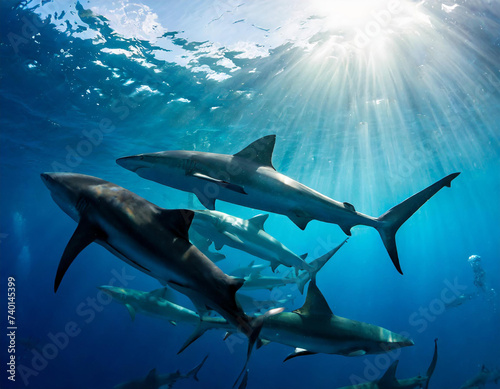 Group of Pelagic silky sharks  Carcharhinus falciformis  swim in formation beneath the surface of the ocean. Jardines de la Reina  Gardens of the Queen National Park  Cuba. Caribbean Sea