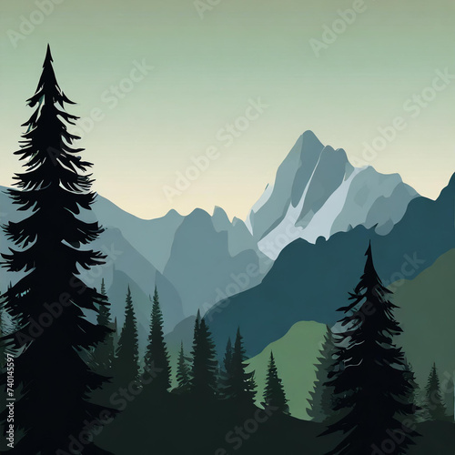 Silhouette of a pine tree forest and mountain landscape  USA