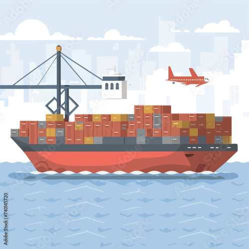 2d vector illustration colorful Land and sea transport techniques, methods and technological tools for transporting and shipping goods and products and logistic 

