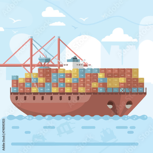 2d vector illustration colorful Land and sea transport techniques, methods and technological tools for transporting and shipping goods and products and logistic 

