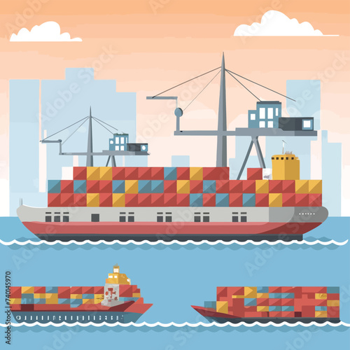 2d vector illustration colorful Land and sea transport techniques, methods and technological tools for transporting and shipping goods and products and logistic 

