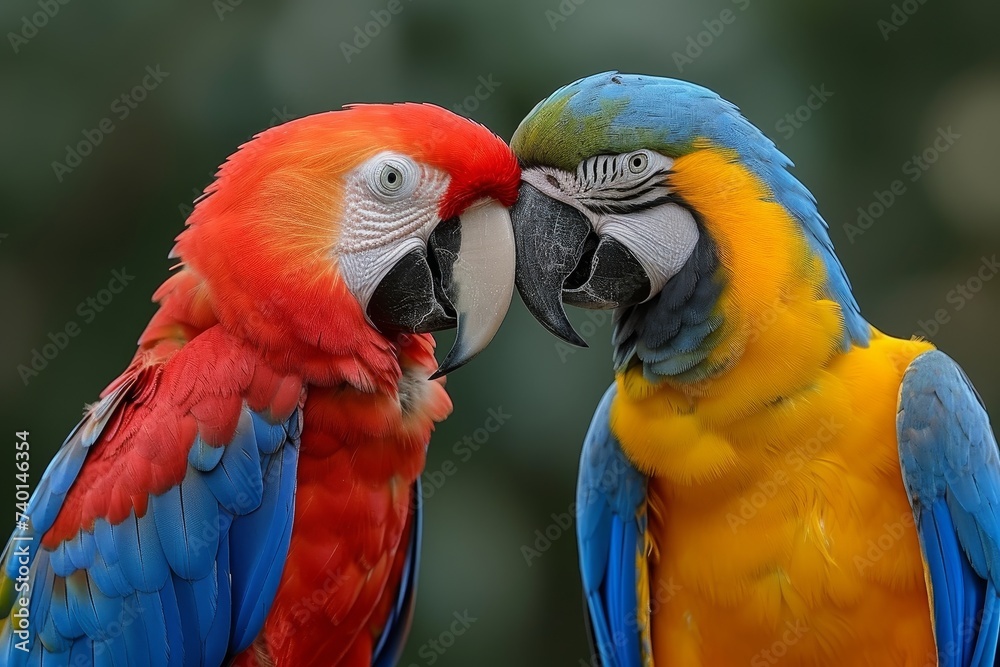 Two vivid parrots with bright feathers are captured standing side by side, showcasing their brilliant hues and charming personalities