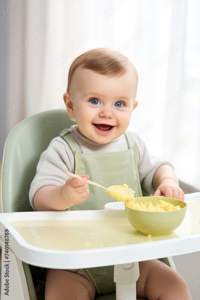 A baby smiling at the table, grabbing food with a spoon from a bowl A baby smiling at the table, grabbing food with a spoon from a bowl