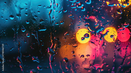 rain with water drops on window with bokeh and light reflections at night