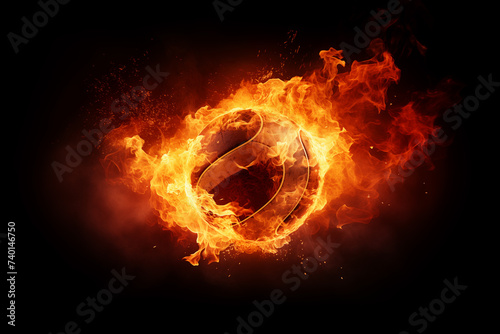 An amber volleyball engulfed in flames against a black backdrop
