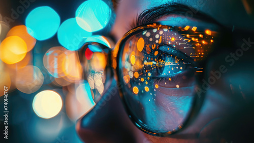 closeup of eye with glasses and city light reflections