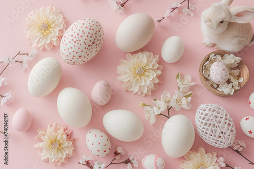 Fotografía para Pascua, temporada de Pascua, con huevos de Pascua y conejitos