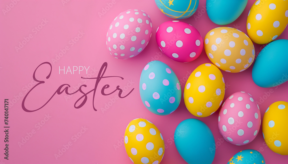 Easter card. Colorful eggs on pink background. Minimal Easter concept. Flat lay.